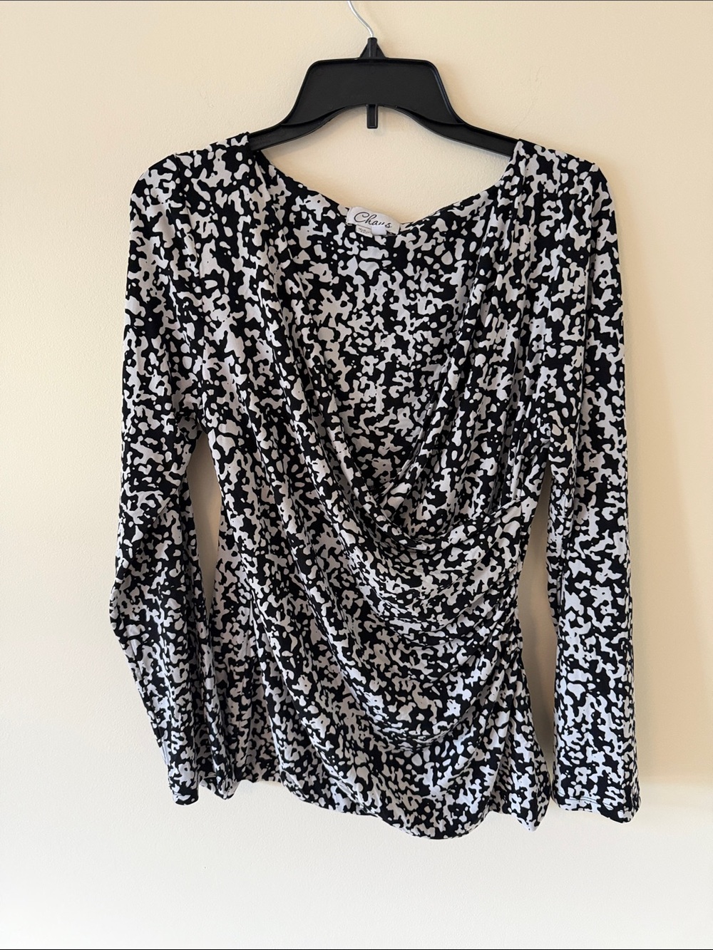 Chaus Black and White Draped Cowl Neck Long Sleeve Top